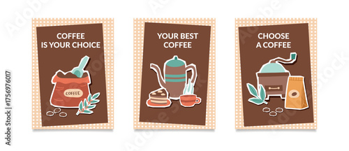 Set of coffee posters. Coffee concept. Concept of taking a break. Vector flat cards with coffee beans and coffee cup. 
