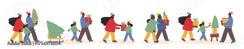Flat vector cliparts of a happy family getting ready for Christmas. Concept of holiday mood and family togetherness. 