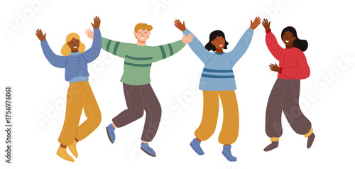 Young happy people isolated on white. Happiness and celebration concept. Vector flat clipartsFlat vector illustration of a diverse group of happy young people jumping and smiling.