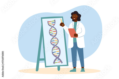 Female scientist explaining DNA structure. Concept of genetics, science, biotechnology and STEM education concept. Vector flat illustration isolated on white.