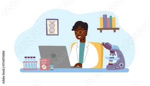 Flat vector illustration of a genetic scientist working on a laptop in the laboratory. Concept of biotechnology, DNA research, medical testing and genetics. Vector banner.
