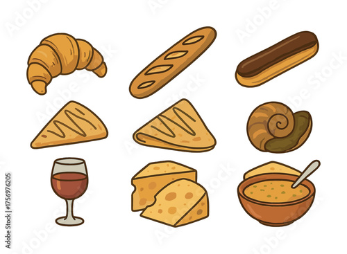 Vector French cuisine: pastries, bread, wine, cheese, soup