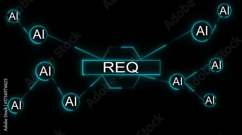 A I network connection concept with glowing nodes and central R E Q text futuristic digital technology