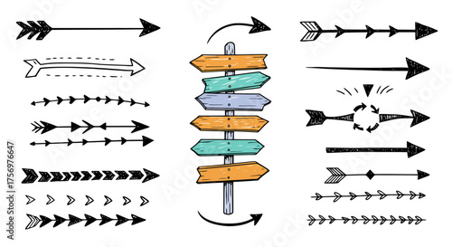 Collection of Hand Drawn Arrows and Directional Signpost Elements.