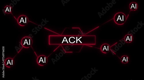 A I network communication acknowledgement data transfer digital concept glowing red lines connecting A I nodes to central A C K hub abstract technology background