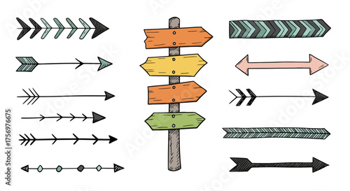 Collection of Hand Drawn Arrows and Directional Signpost Elements.