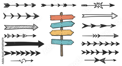Collection of Hand Drawn Arrows and Directional Signpost Elements.