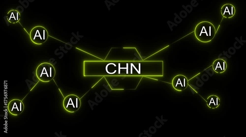 Futuristic A I network connecting C H N nodes with glowing neon lines on black background digital abstract concept