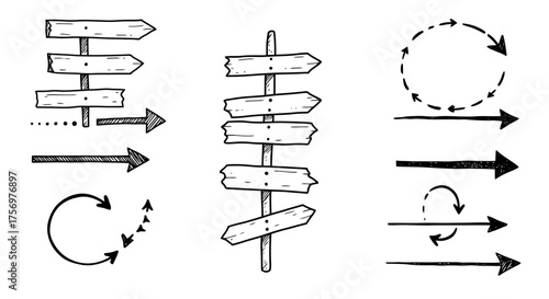 Collection of hand drawn arrows and directional signs for navigation and guidance.