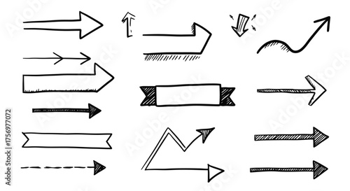 Collection of Hand Drawn Arrows and Ribbons in Sketch Style.