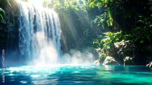 Majestic waterfall cascades into a tropical lagoon with sunbeams filtering through foliage.