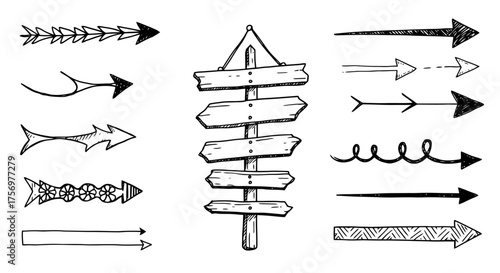 Collection of Hand Drawn Arrows and Signpost Elements.