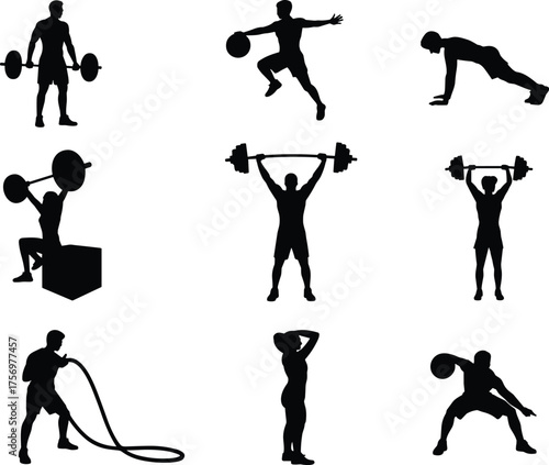 Fitness workout silhouettes, gym training poses, strength exercise icons, barbell lifting, medicine ball drills, battle ropes, plank position, overhead press, conditioning movements