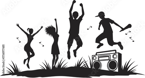 black silhouette of people dancing in joy modern