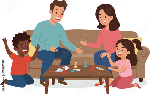 Cartoon family reading books together, indoor educational activity with children and adults, colorful vector illustration