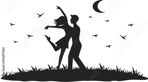 romantic couple dancing under moonlight black and