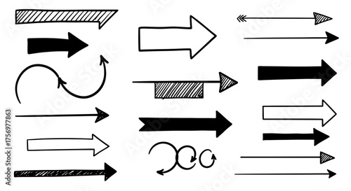 Collection of Hand Drawn Arrows in Various Styles and Directions.