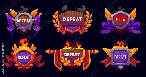 Defeat game frame icons, vector UI asset. Defeat screen badges of cartoon burning wood shields with fire and smoke, torn ribbon banners, damaged gold wings and laurel wreaths. Loser game icons set