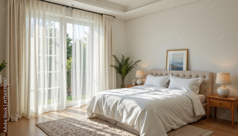 Fototapeta premium Bright and Airy Bedroom with Natural Light and Elegant Design Elements
