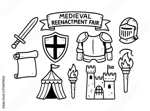 Vector Medieval reenactment fair symbols: sword, shield, armor, castle, tent