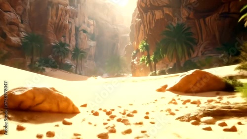Serene desert oasis with crystal clear water and palm trees.