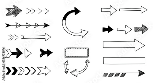 Collection of Hand Drawn Arrows in Various Styles and Directions.