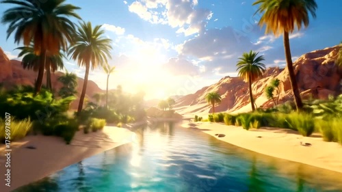 A lush oasis with palm trees and a calm river in arid desert mountains.