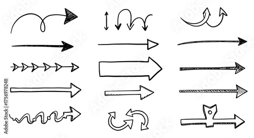 Collection of Hand Drawn Arrows in Various Styles and Directions.