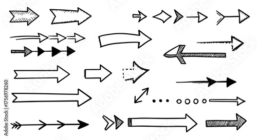 Collection of Hand Drawn Arrows in Various Styles and Sizes.