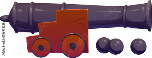 Corsair pirate cartoon cannon firearm weapon. Filibuster sail ship 18th century isolated vector firearm, buccaneer bandit vessel isolated medieval gunpowder weapon. Pirate cannon gun and cannonballs