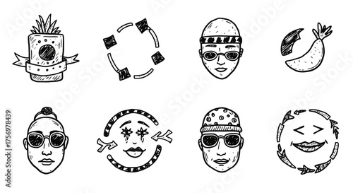 Collection of Hand Drawn Doodle Icons Featuring Faces and Symbols.