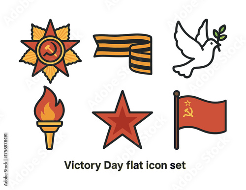 Vector Victory day icon set: star, dove, ribbon, torch, flag symbols