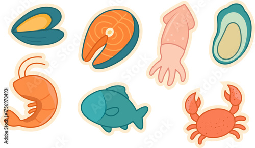 Colorful flat vector illustration of seafood set including fish, shrimp, crab, squid, mussel and salmon steak. Perfect for restaurant menus, food packaging, and culinary design projects.