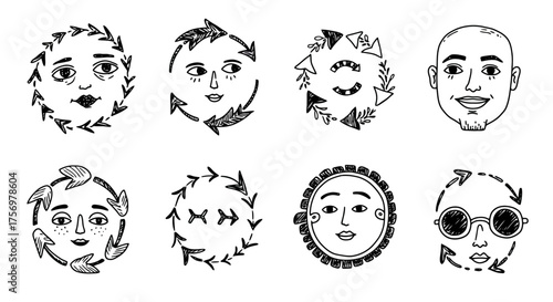 Collection of Hand Drawn Faces with Circular Arrow Motifs.