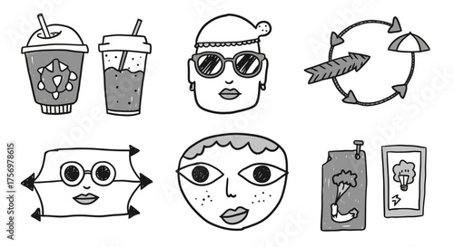 Collection of Hand Drawn Icons and Illustrations Featuring Drinks Faces and Symbols.