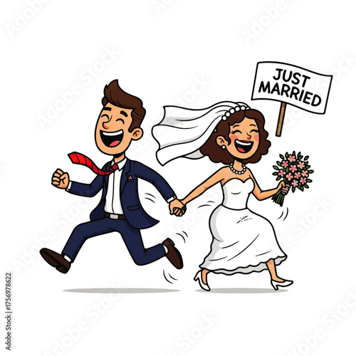 Joyful Newlyweds Running into a Beautiful Future with a 'Just Married' Sign