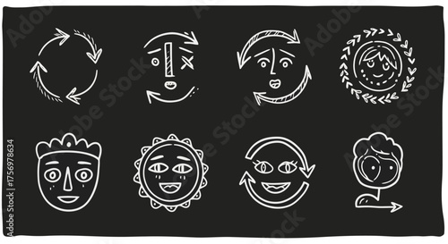 Collection of Hand Drawn Faces and Symbols on Black Background.