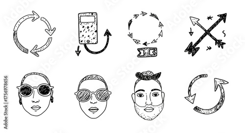 Collection of Hand Drawn Icons and Illustrations Featuring People and Symbols.