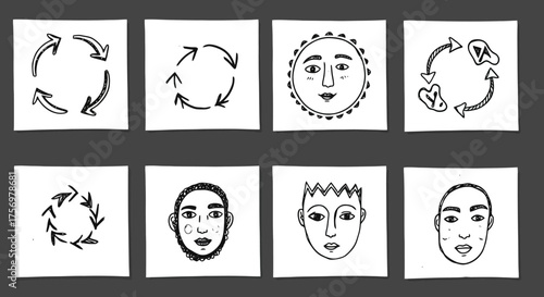 Collection of Hand Drawn Icons Featuring Circular Arrows and Diverse Human Faces.