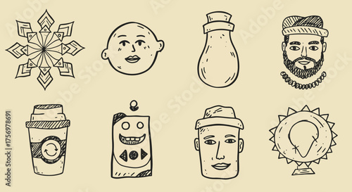 Collection of Hand Drawn Icons Featuring Diverse Objects and Faces.
