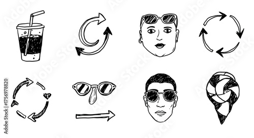 Collection of Hand Drawn Icons Featuring People Sunglasses Drinks and Arrows.