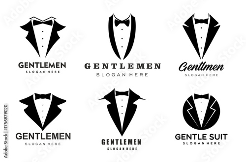 Tuxedo suits with bow ties vector icons of gala dinner dress code, wedding fashion, butler or waiter uniform. Gentlemen isolated symbols set of luxury elegant black tuxedo suit jackets and bow ties