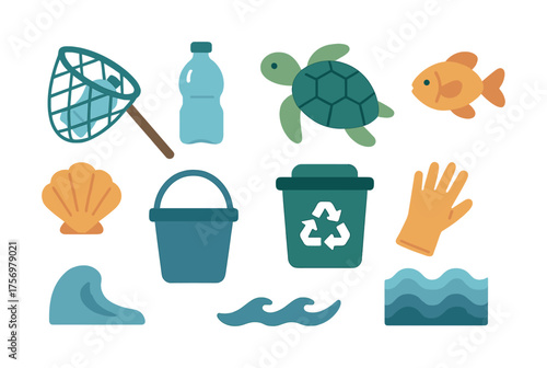 Vector Ocean cleanup icons illustrating marine conservation and recycling