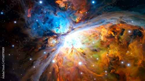 Vibrant nebula with bright stars showcases cosmic gas and dust formations.