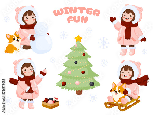 Cute Little Girl and Corgi Winter Fun Set