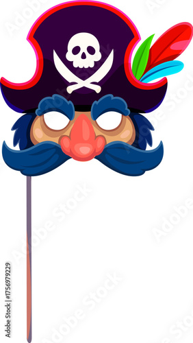 Caribbean pirate face with blue mustaches photo booth mask. Buccaneer captain vector prop, kids photo booth costume element. Pirate skipper face mask with corsair tricorn hat, Jolly Roger, mustaches