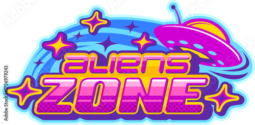 Space aliens zone Y2K retro icon or emblem. Space invader retro vector emblem, alien vintage sign. Universe SCI-FI UFO funky symbol or icon with pink flying saucer and retro futuristic typography