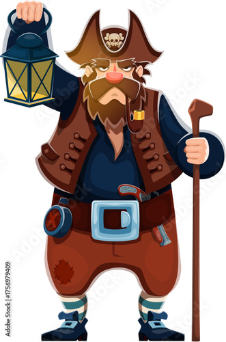 Corsair pirate captain with lantern cartoon character. Filibuster captain cheerful isolated personage. Grumpy old pirate sailor character in tricorn hat, smoking pipe, holding lantern light and staff