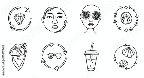Collection of hand-drawn icons representing various concepts and objects.