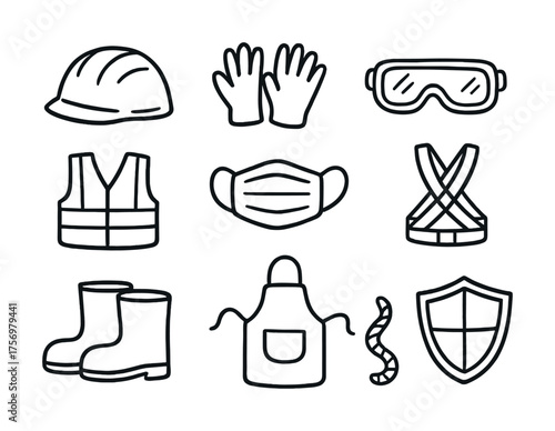 Vector Essential safety gear: hard hat, gloves, goggles, vest, mask, harness, boots, apron, shield